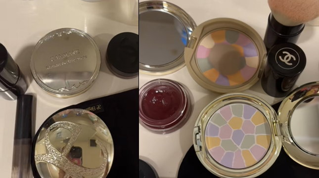 Phương Linh so sánh hai hộp phấn phủ đa sắc, bao gồm bản dupe (phía trên) có giá khoảng 200 nghìn đồng và bản cao cấp của Elegance có giá bán gần 3 triệu đồng.