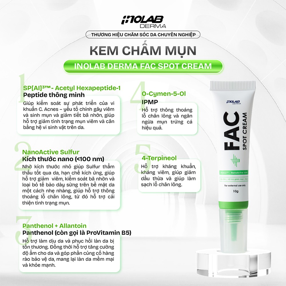Thành phần có trong Kem chấm mụn Inolab Derma FAC SPOT CREAM